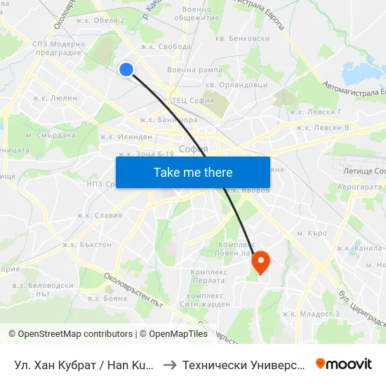 Ул. Хан Кубрат / Han Kubrat St. (2233) to Технически Университет - София map