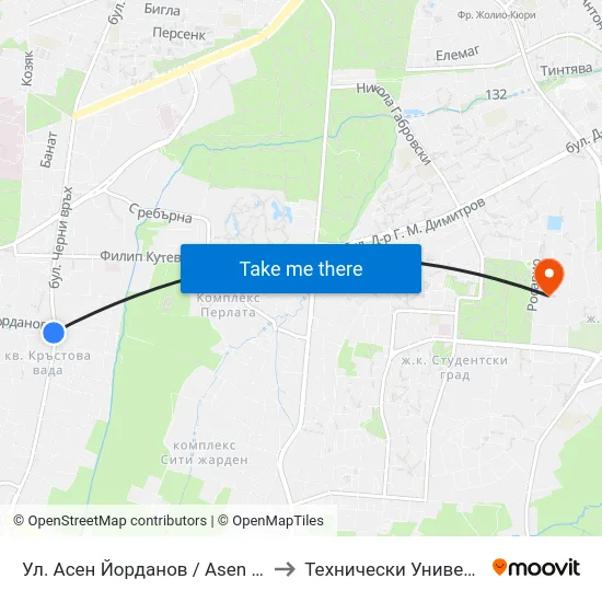 Ул. Асен Йорданов / Asen Yordanov St. (0786) to Технически Университет - София map