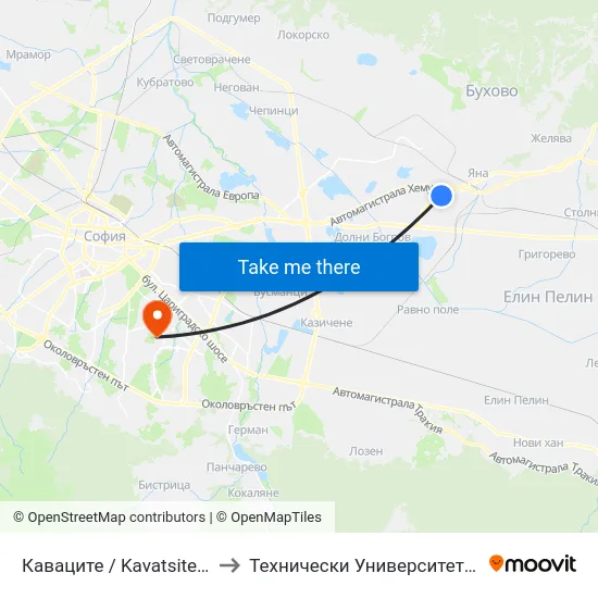 Каваците / Kavatsite (0780) to Технически Университет - София map