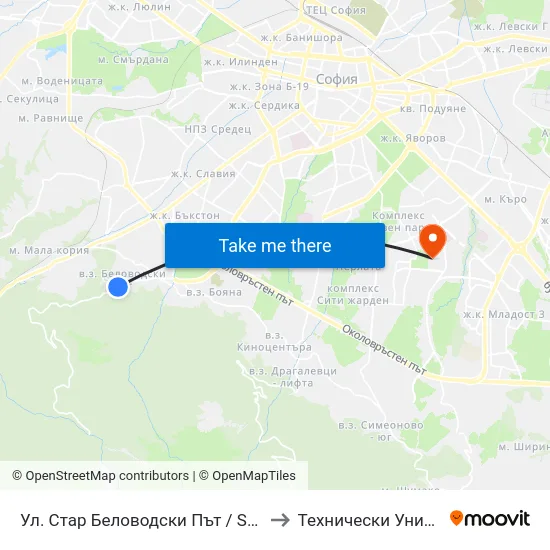 Ул. Стар Беловодски Път / Star Belovodski Pat St. (1855) to Технически Университет - София map