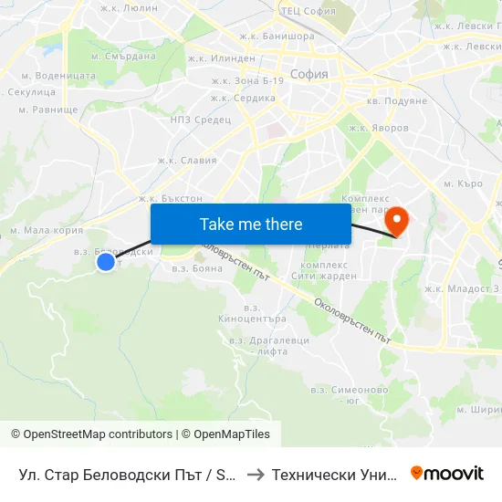 Ул. Стар Беловодски Път / Star Belovodski Pat St. (1854) to Технически Университет - София map