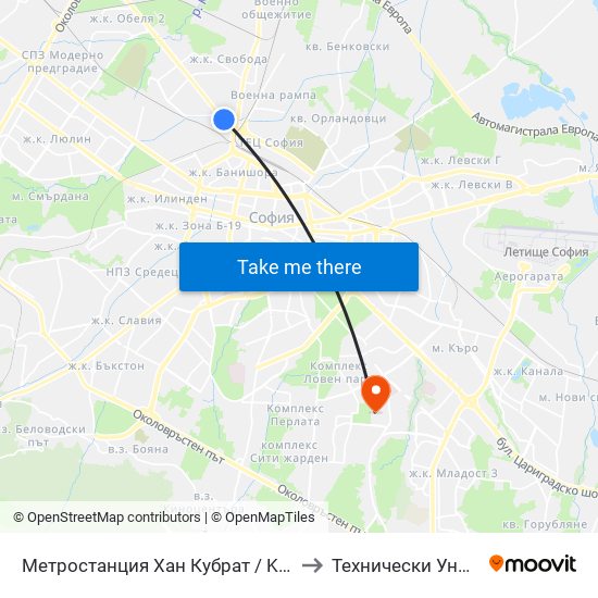 Метростанция Хан Кубрат / Khan Kubrat Metro Station (2662) to Технически Университет - София map