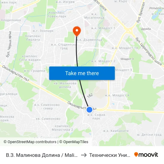 В.З. Малинова Долина / Malinova Dolina Villa Zone (2623) to Технически Университет - София map