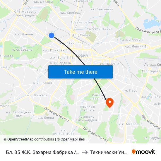 Бл. 35 Ж.К. Захарна Фабрика / Bl. 35, Zaharna Fabrika Qr. (0195) to Технически Университет - София map