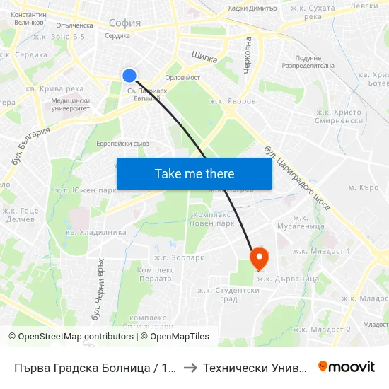 Първа Градска Болница / 1-St City Hospital (1423) to Технически Университет - София map