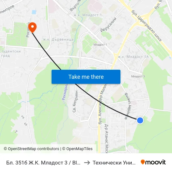 Бл. 351б Ж.К. Младост 3 / Bl. 315b, Mladost 3 Qr. (0202) to Технически Университет - София map