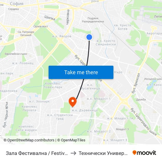 Зала Фестивална / Festivalna Hall (0730) to Технически Университет - София map