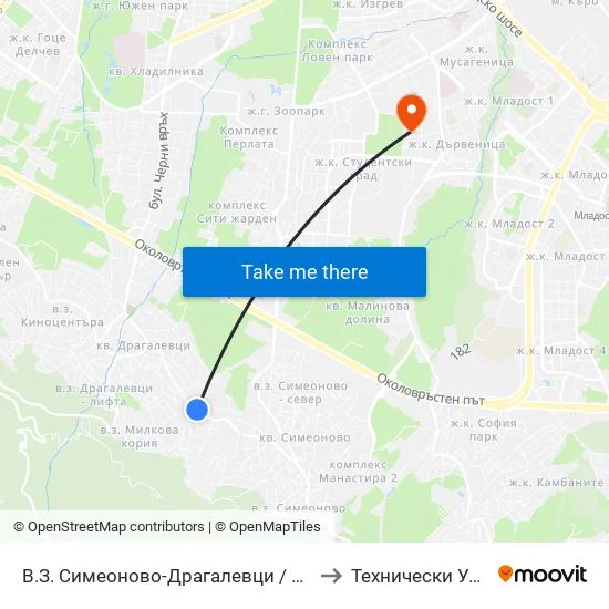 В.З. Симеоново-Драгалевци / Simeonovo-Dragalevtsi Villa Zone (0782) to Технически Университет - София map