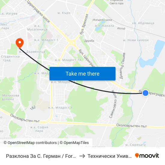 Разклона За С. Герман / Fork Road To German (1426) to Технически Университет - София map