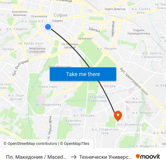 Пл. Македония / Macedonia Sq. (1281) to Технически Университет - София map