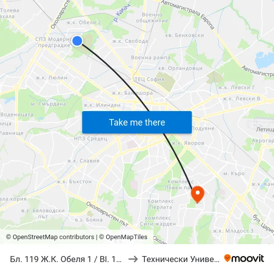 Бл. 119 Ж.К. Обеля 1 / Bl. 119, Obelya 1 Qr. (2442) to Технически Университет - София map