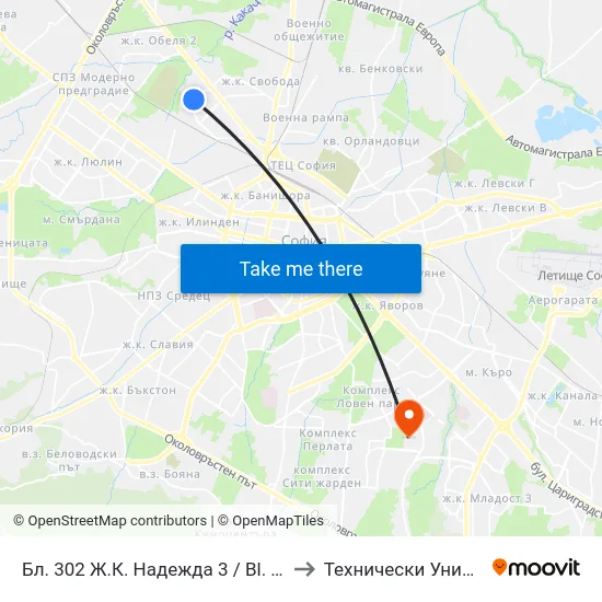 Бл. 302 Ж.К. Надежда 3 / Bl. 302, Nadezhda 3 Qr. (0187) to Технически Университет - София map