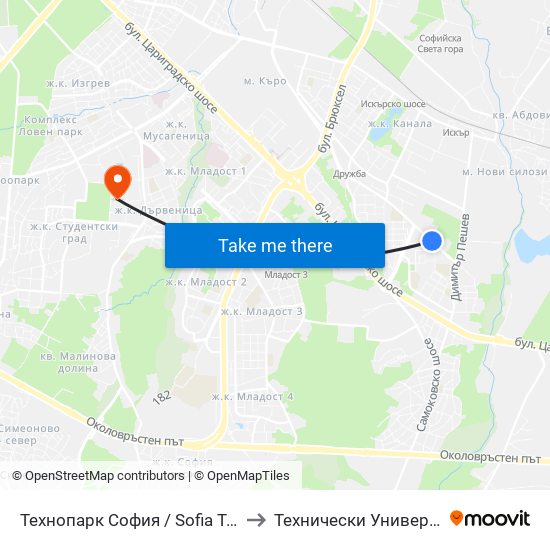 Технопарк София / Sofia Technopark (0189) to Технически Университет - София map