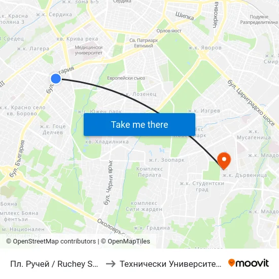 Пл. Ручей / Ruchey Sq. (1304) to Технически Университет - София map