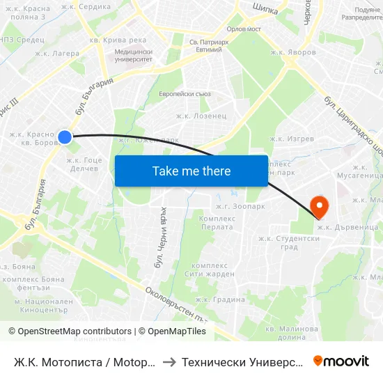 Ж.К. Мотописта / Motopista Qr. (0672) to Технически Университет - София map