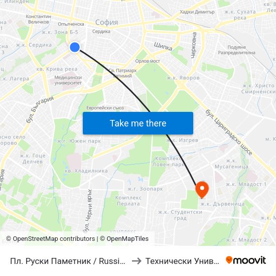 Пл. Руски Паметник / Russian Monument Sq. (1298) to Технически Университет - София map