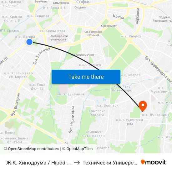 Ж.К. Хиподрума / Hipodruma Qr. (0693) to Технически Университет - София map