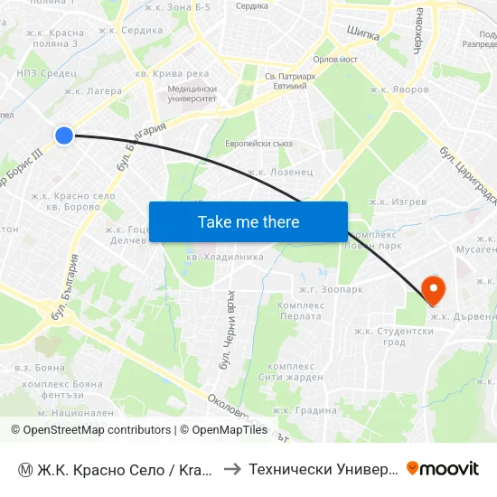 Ⓜ️ Ж.К. Красно Село / Krasno Selo Qr. (0640) to Технически Университет - София map