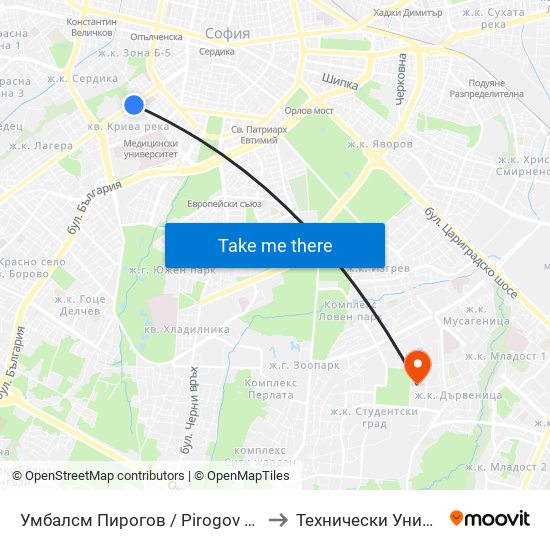 Умбалсм Пирогов / Pirogov Emergency Hospital (0759) to Технически Университет - София map