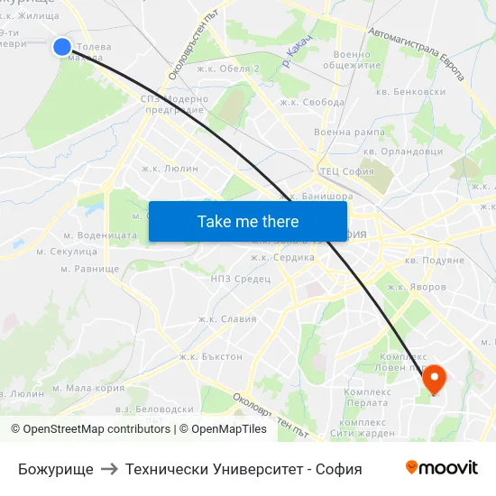 Божурище to Технически Университет - София map