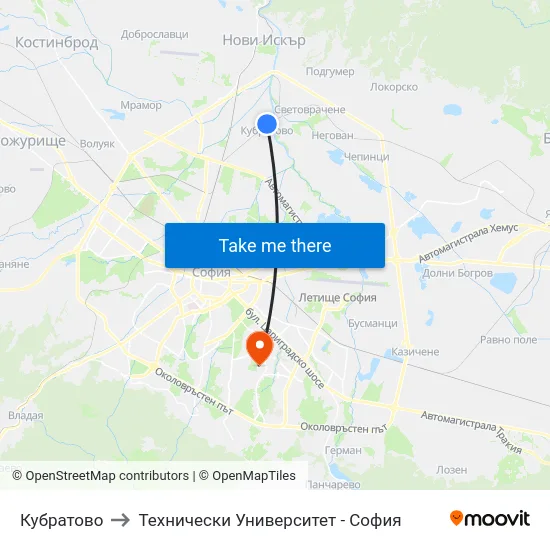 Кубратово to Технически Университет - София map