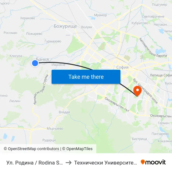 Ул. Родина / Rodina St. (1433) to Технически Университет - София map