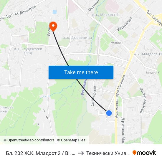 Бл. 202 Ж.К. Младост 2 / Bl. 202, Mladost 2 Qr. (0155) to Технически Университет - София map
