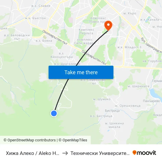 Хижа Алеко / Aleko Hut (2870) to Технически Университет - София map