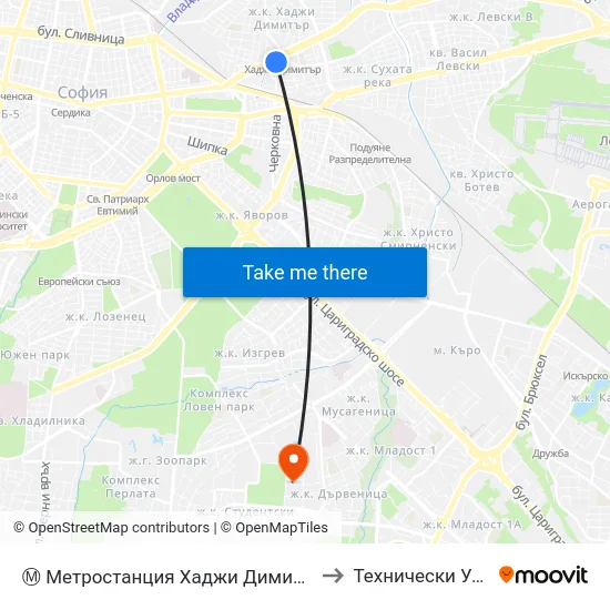 Ⓜ️ Метростанция Хаджи Димитър / Hadzhi Dimitar Metro Station (0303) to Технически Университет - София map