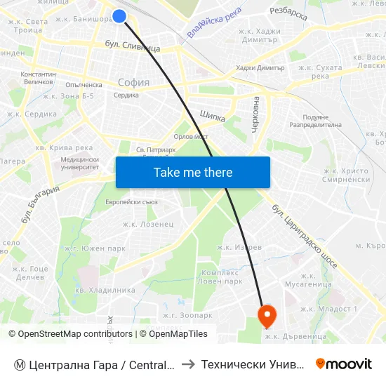 Ⓜ️ Централна Гара / Central Railway Station (1328) to Технически Университет - София map