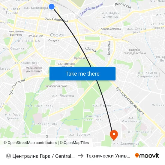 Ⓜ️ Централна Гара / Central Railway Station (6220) to Технически Университет - София map