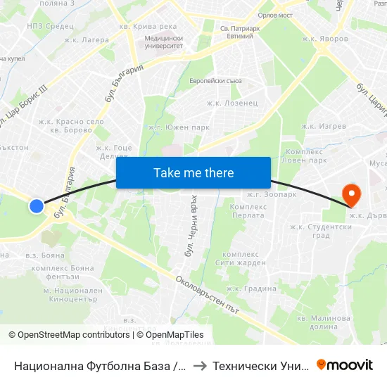 Национална Футболна База / National Football Base (2848) to Технически Университет - София map