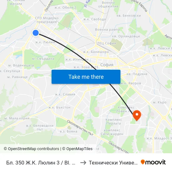 Бл. 350 Ж.К. Люлин 3 / Bl. 350, Lyulin 3 Qr. (2774) to Технически Университет - София map