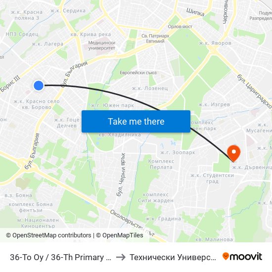 36-То Оу / 36-Th Primary School (0031) to Технически Университет - София map