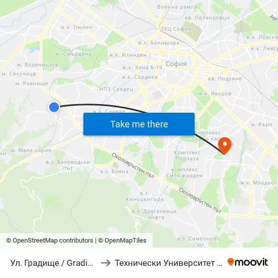 Ул. Градище / Gradishte St. to Технически Университет - София map