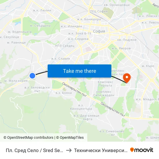 Пл. Сред Село / Sred Selo Sq. (2847) to Технически Университет - София map