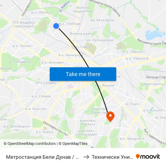 Метростанция Бели Дунав / Beli Dunav Metro Station (6707) to Технически Университет - София map