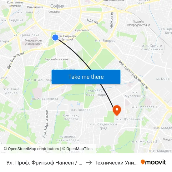Ул. Проф. Фритьоф Нансен / Prof. Fridtjof Nansen St. (6331) to Технически Университет - София map