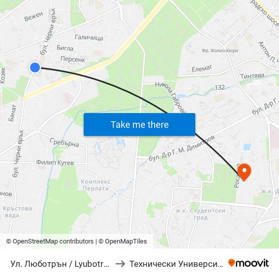 Ул. Люботрън / Lyubotran St. (2038) to Технически Университет - София map
