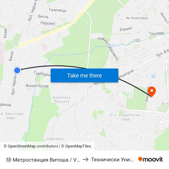 Ⓜ️ Метростанция Витоша / Vitosha Metro Station (0911) to Технически Университет - София map