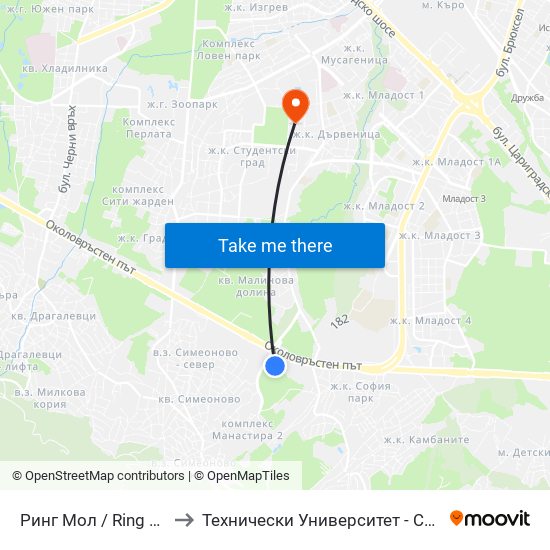 Ринг Мол / Ring Mall to Технически Университет - София map