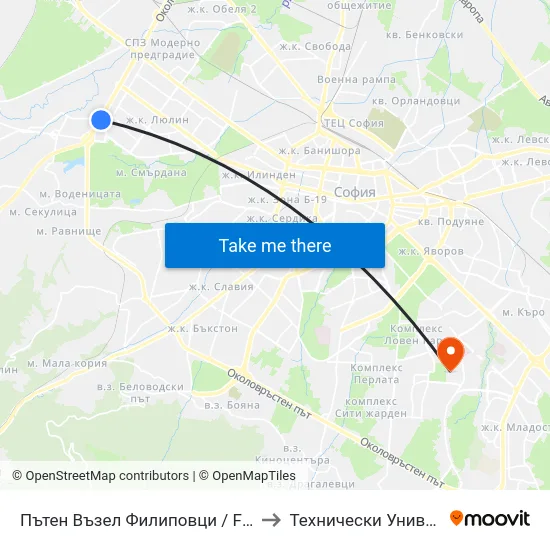 Пътен Възел Филиповци / Filipovtsi Junction (0908) to Технически Университет - София map