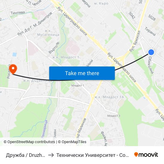 Дружба / Druzhba to Технически Университет - София map