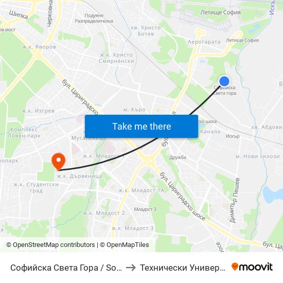 Софийска Света Гора /  Sofiyska Sveta Gora to Технически Университет - София map