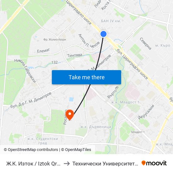 Ж.К. Изток / Iztok Qr (1695) to Технически Университет - София map