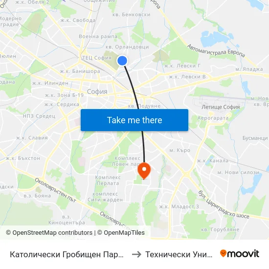 Католически Гробищен Парк / Catholic Cemetery (6281) to Технически Университет - София map