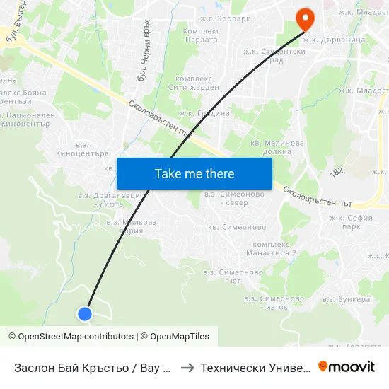 Заслон Бай Кръстьо / Bay Krastyo Shelter (2699) to Технически Университет - София map