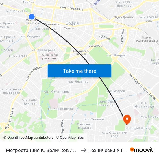 Метростанция К. Величков / K. Velichkov Metro Station (6221) to Технически Университет - София map