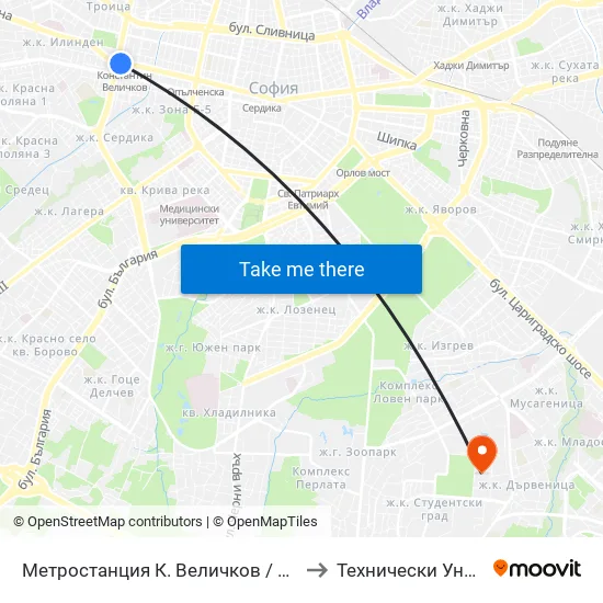 Ⓜ️ Метростанция К. Величков / K. Velichkov Metro Station (6221) to Технически Университет - София map