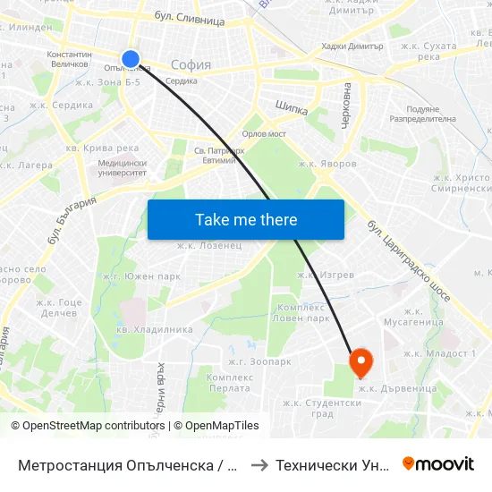 Ⓜ️ Метростанция Опълченска / Opalchenska Metro Station (6408) to Технически Университет - София map